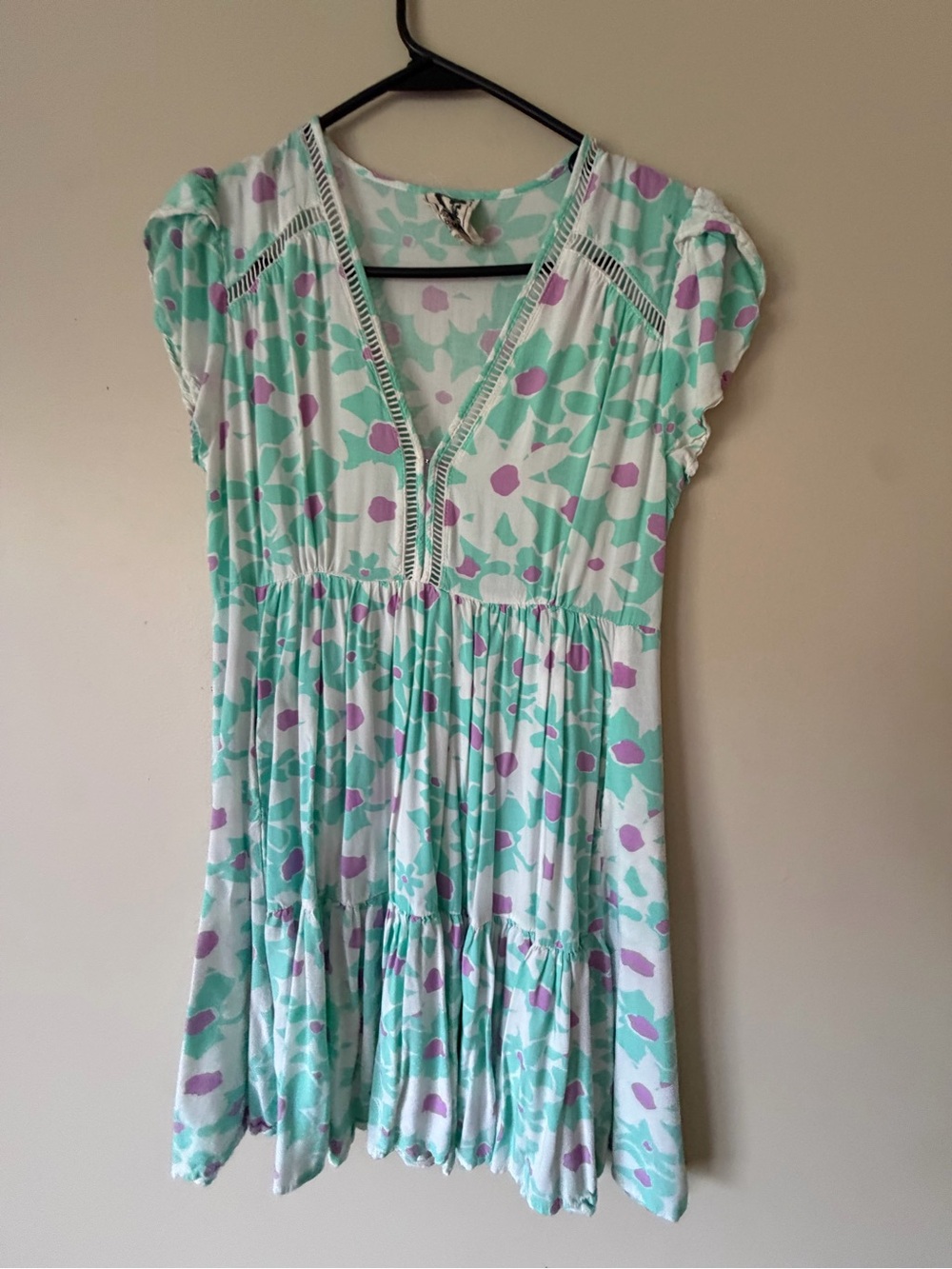 Jaase Mint and Purple Floral V-Neck Tiered Casual Dress